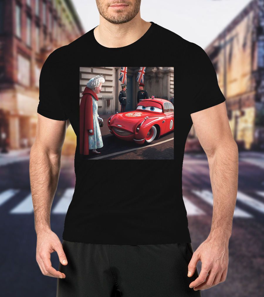 Lightning McQueen Meets Queen Of England With British Guards And Flags T-Shirt