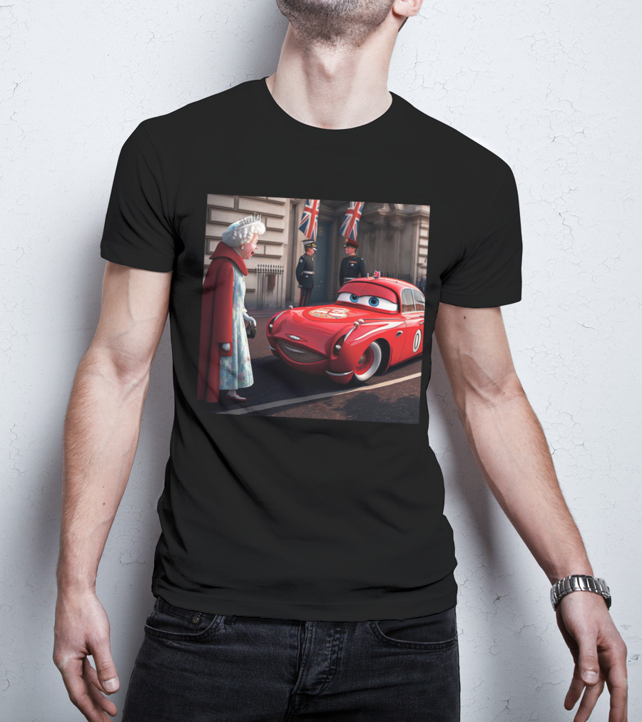 Lightning McQueen Meets Queen Of England With British Guards And Flags T-Shirt