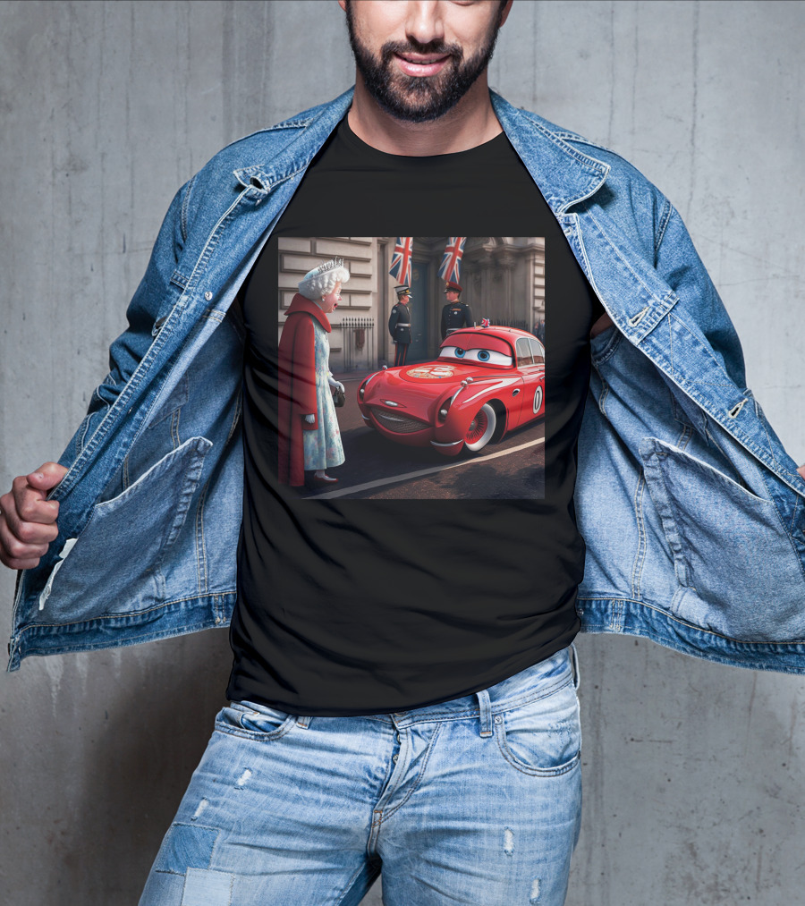 Lightning McQueen Meets Queen Of England With British Guards And Flags T-Shirt