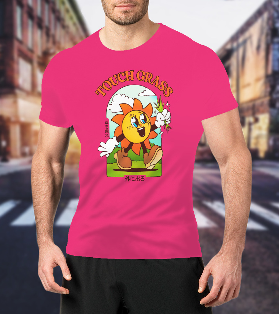 TOUCH GRASS Hellvetika Sunflower Character Boots Japan Text T-Shirt