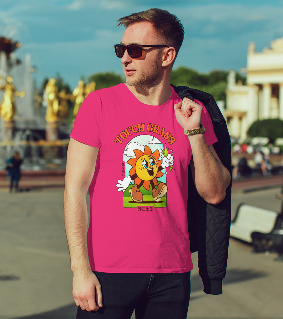 TOUCH GRASS Hellvetika Sunflower Character Boots Japan Text T-Shirt