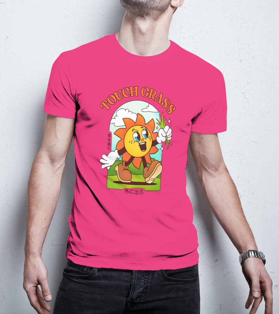 TOUCH GRASS Hellvetika Sunflower Character Boots Japan Text T-Shirt