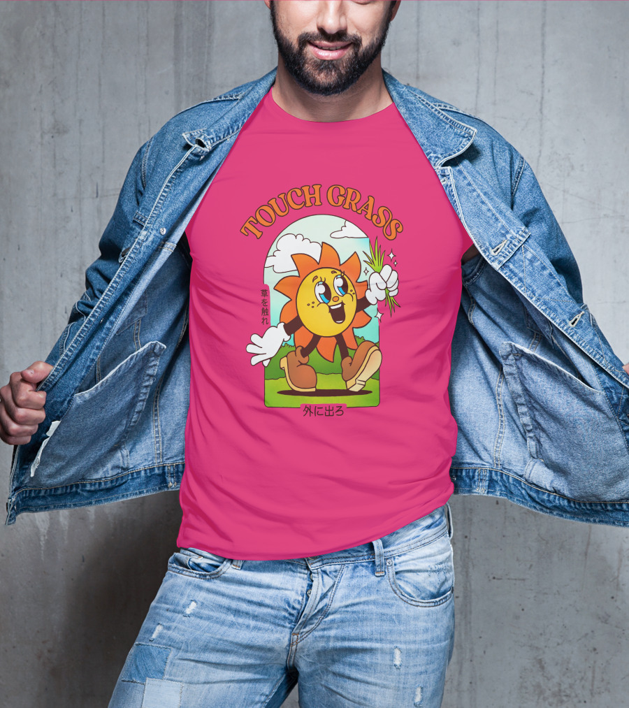TOUCH GRASS Hellvetika Sunflower Character Boots Japan Text T-Shirt