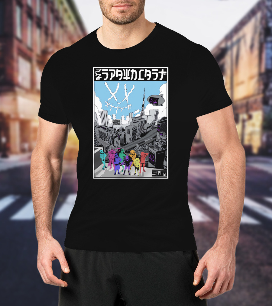 Spawncast Cyberpunk Cityscape With Masked Figures And Smiling Skyline Eyes T-Shirt