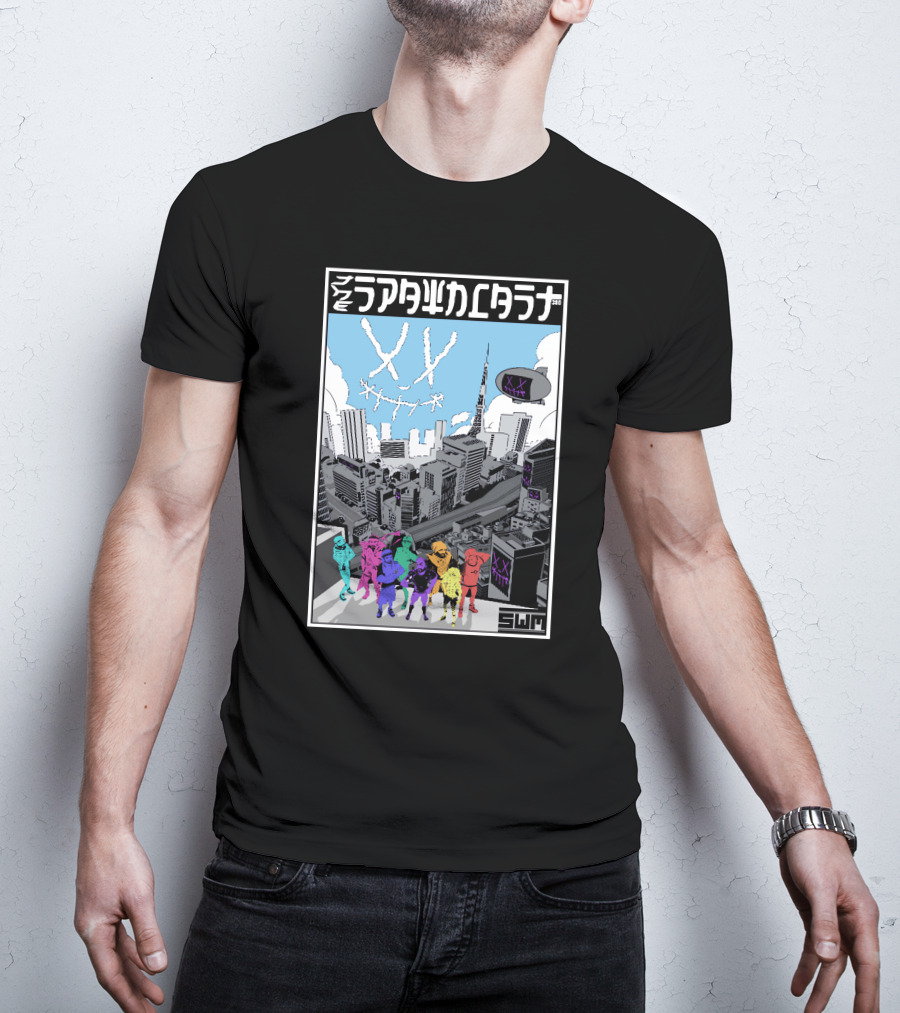 Spawncast Cyberpunk Cityscape With Masked Figures And Smiling Skyline Eyes T-Shirt