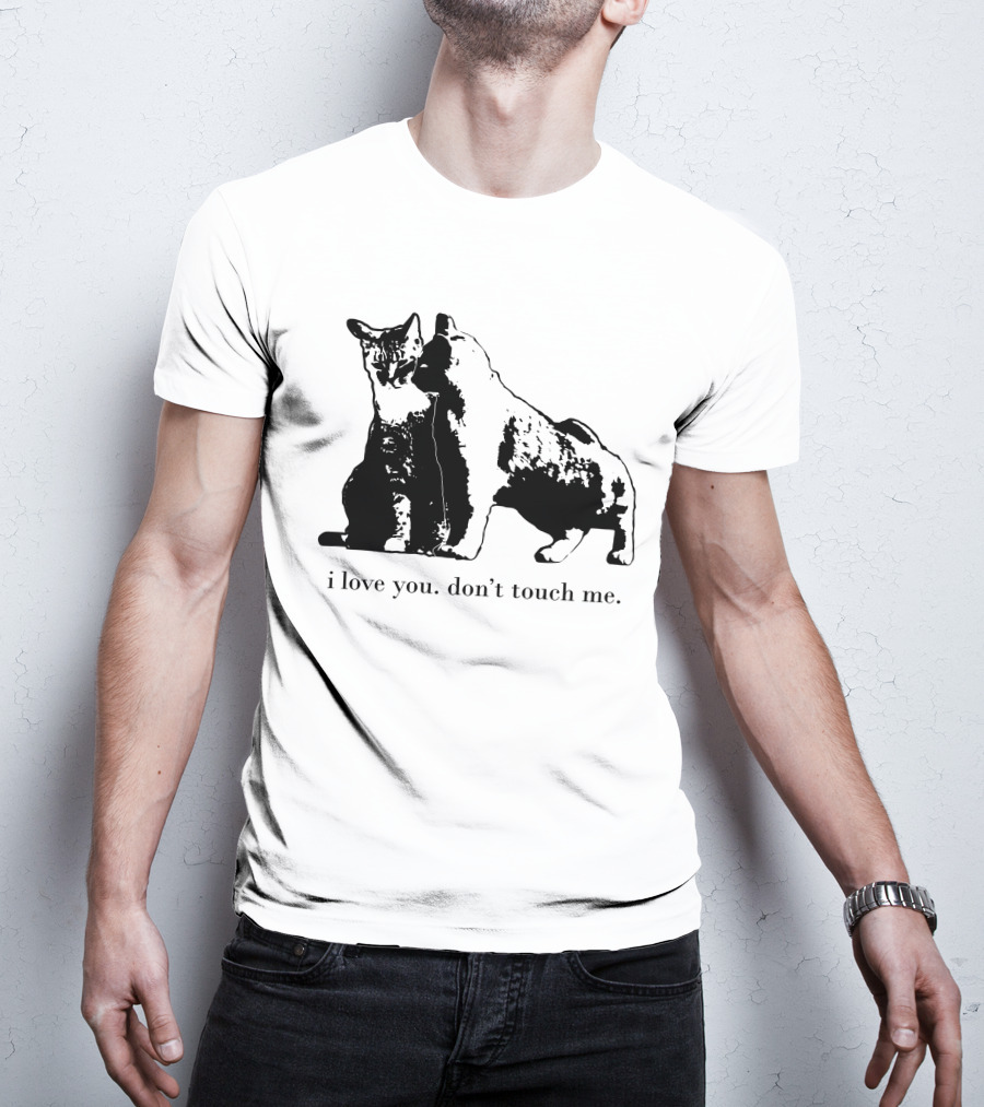 I Love You Don't Touch Me Cat Duo Black And White Contrast T-Shirt