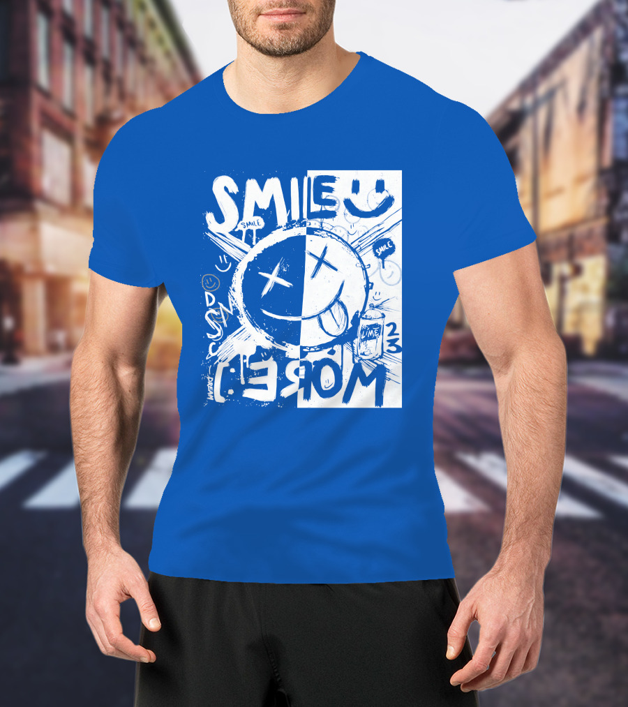 Smile More April Members Only Blue Grunge Style Smiley Face T-Shirt