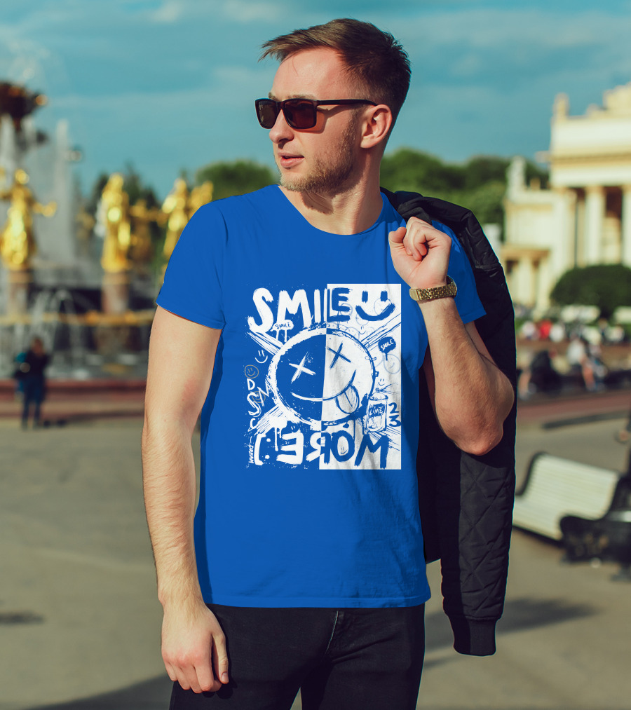 Smile More April Members Only Blue Grunge Style Smiley Face T-Shirt