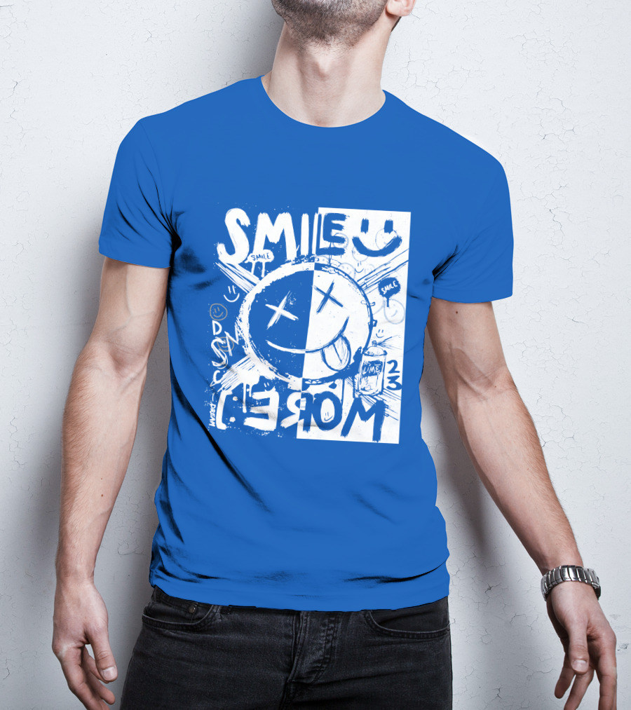 Smile More April Members Only Blue Grunge Style Smiley Face T-Shirt