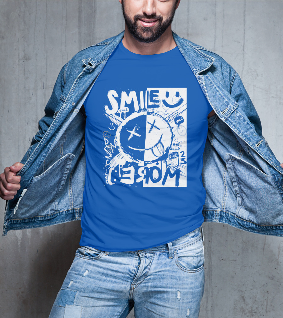 Smile More April Members Only Blue Grunge Style Smiley Face T-Shirt