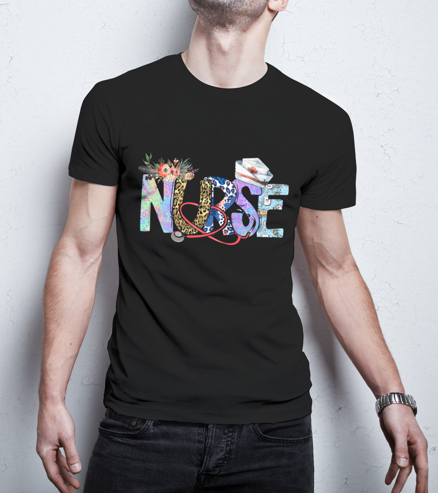 Nurse Colorful Floral Animal Print Stethoscope Hat T-Shirt