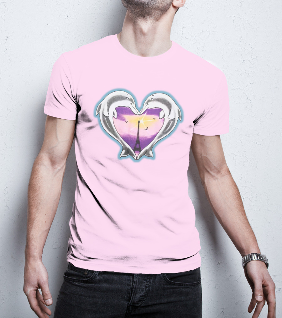 Dolphins Heart Eiffel Tower Sunset Paris Pink Background T-Shirt