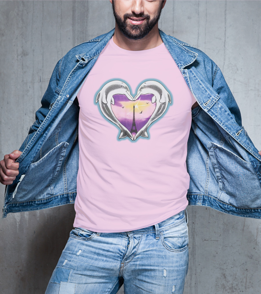 Dolphins Heart Eiffel Tower Sunset Paris Pink Background T-Shirt