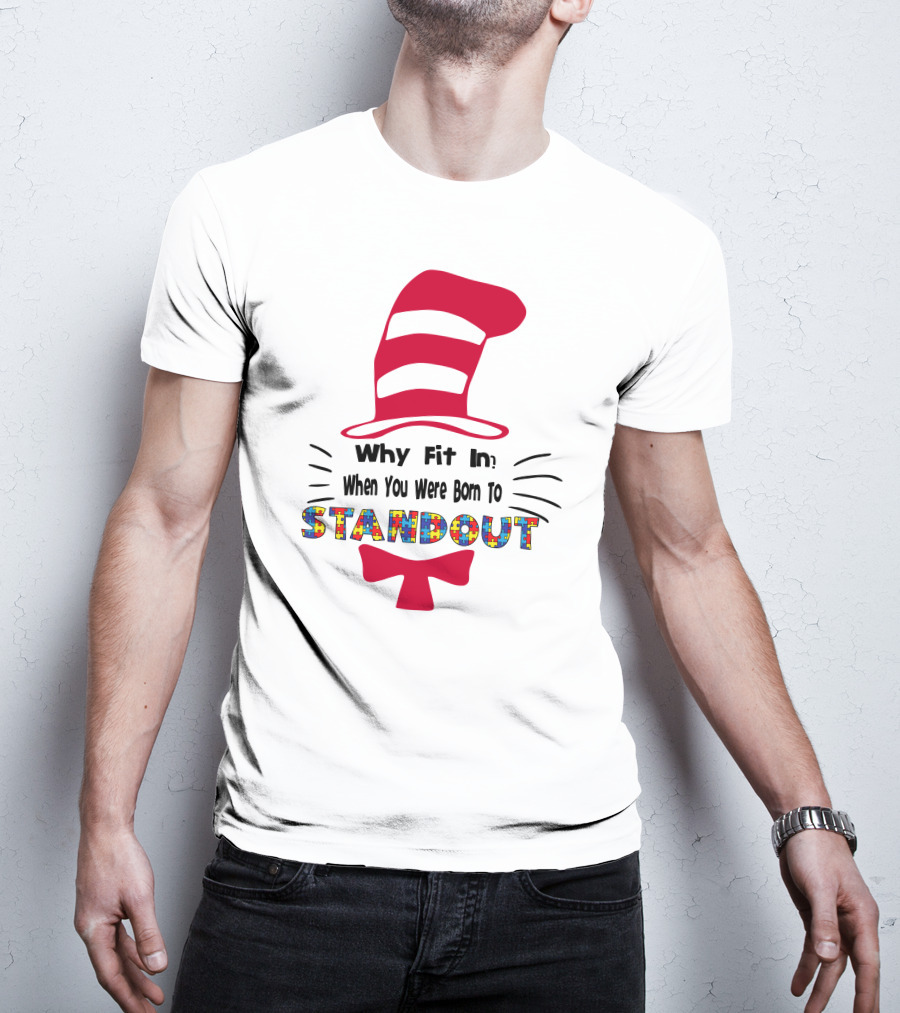 Why Fit In When You Were Born To Standout Autism Cat Hat Puzzle T-Shirt