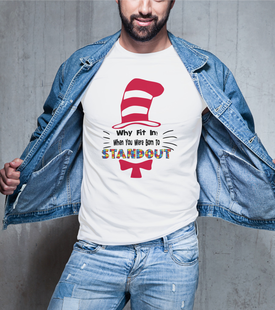 Why Fit In When You Were Born To Standout Autism Cat Hat Puzzle T-Shirt