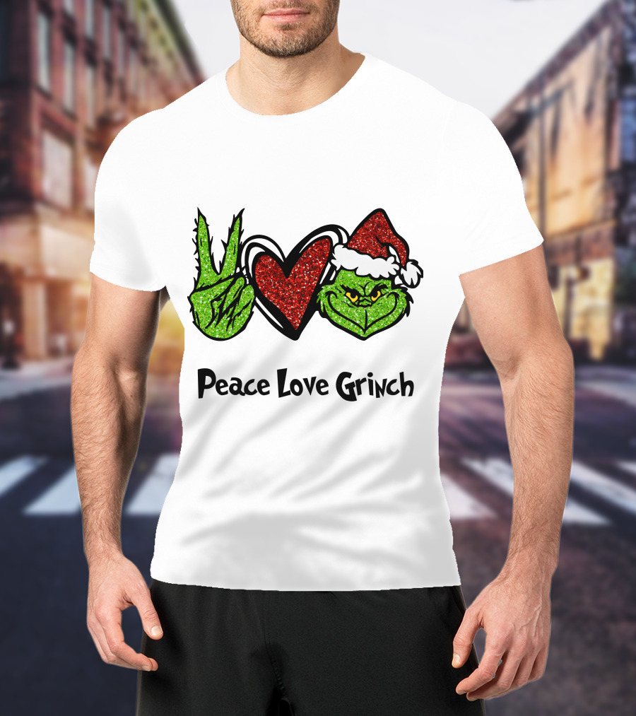 Peace Love Grinch Glitter Christmas Santa Hat T-Shirt