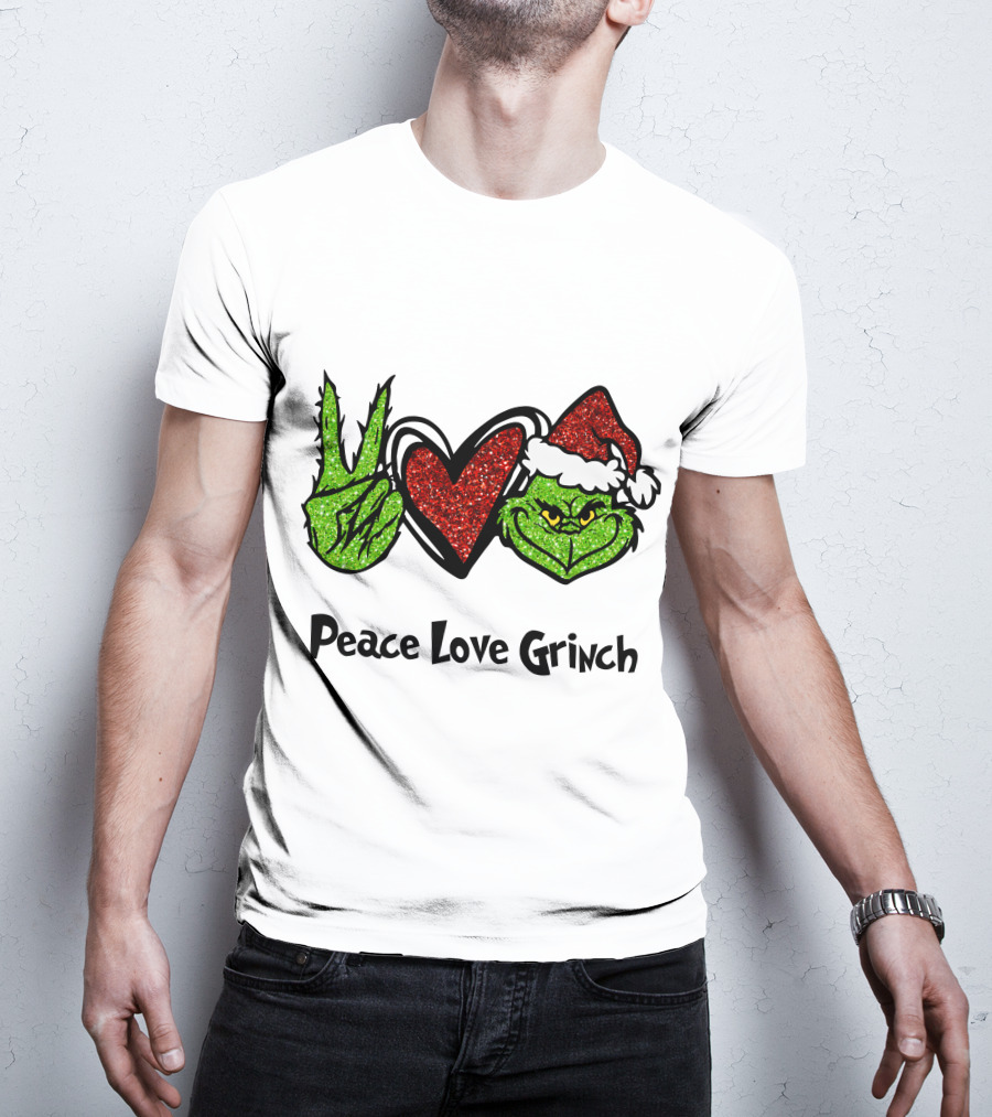 Peace Love Grinch Glitter Christmas Santa Hat T-Shirt