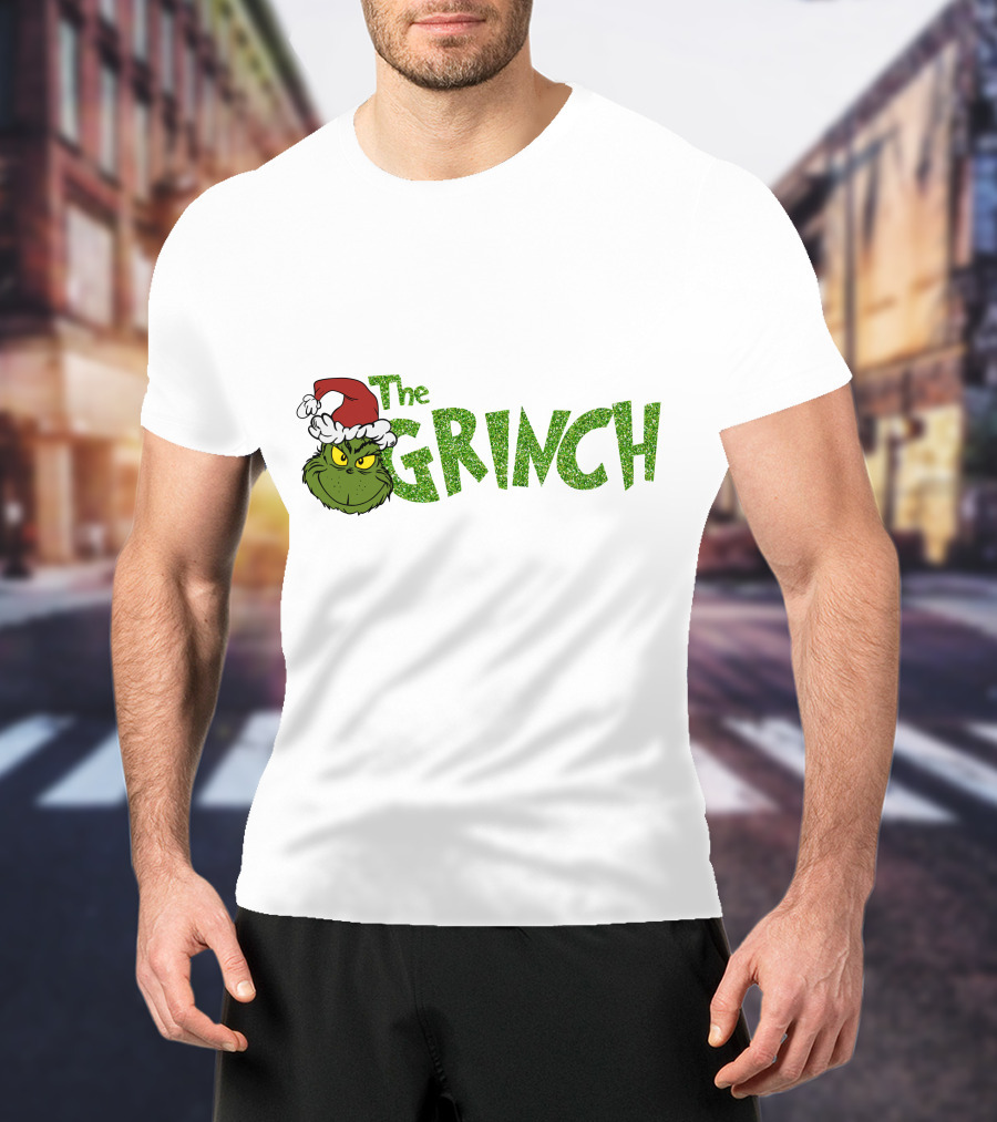 The Grinch Santa Hat Christmas Green Glittery Text T-Shirt