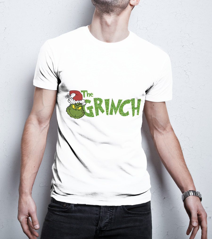 The Grinch Santa Hat Christmas Green Glittery Text T-Shirt