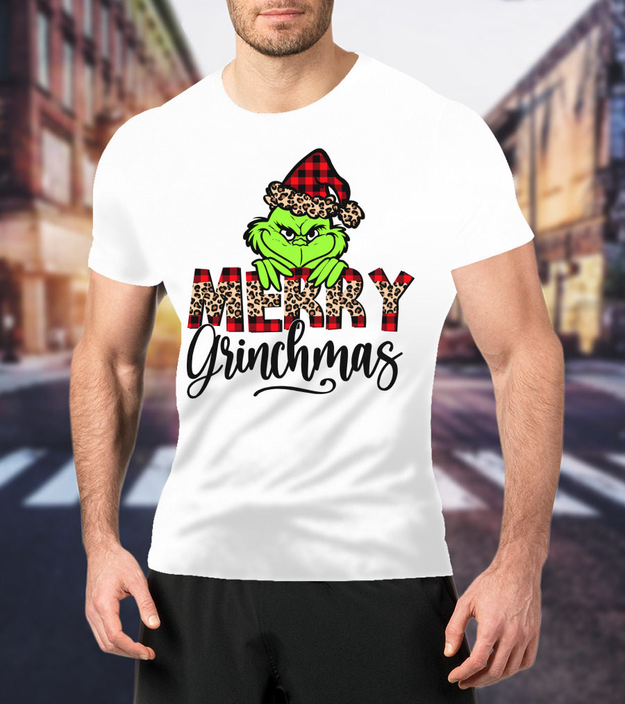 Merry Grinchmas Red Plaid And Leopard Print Christmas Grinch T-Shirt