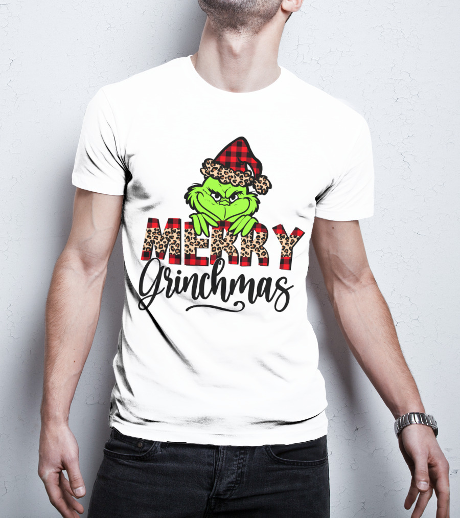 Merry Grinchmas Red Plaid And Leopard Print Christmas Grinch T-Shirt