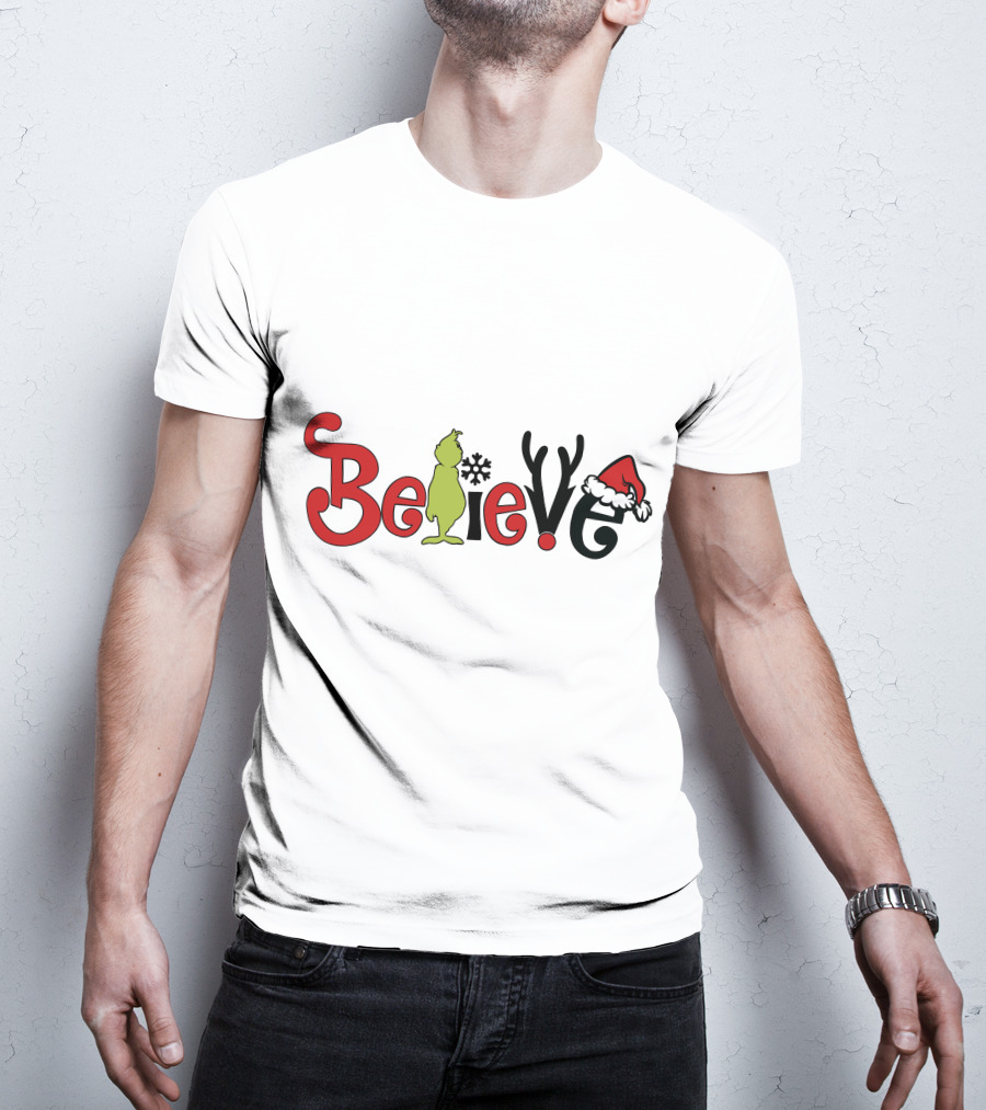 Grinch Believe Christmas Santa Hat Antlers T-Shirt