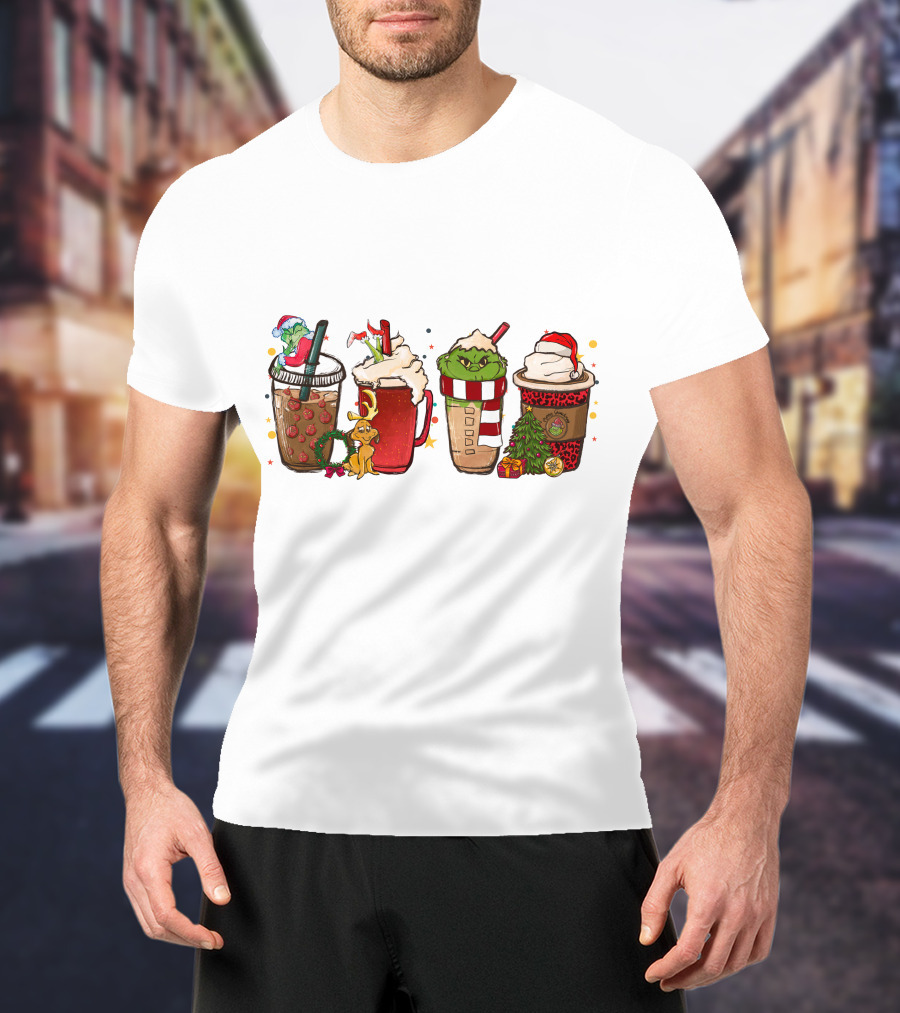 Grinch Christmas Coffee Drinks With Santa Hats And Holiday Decorations T-Shirt