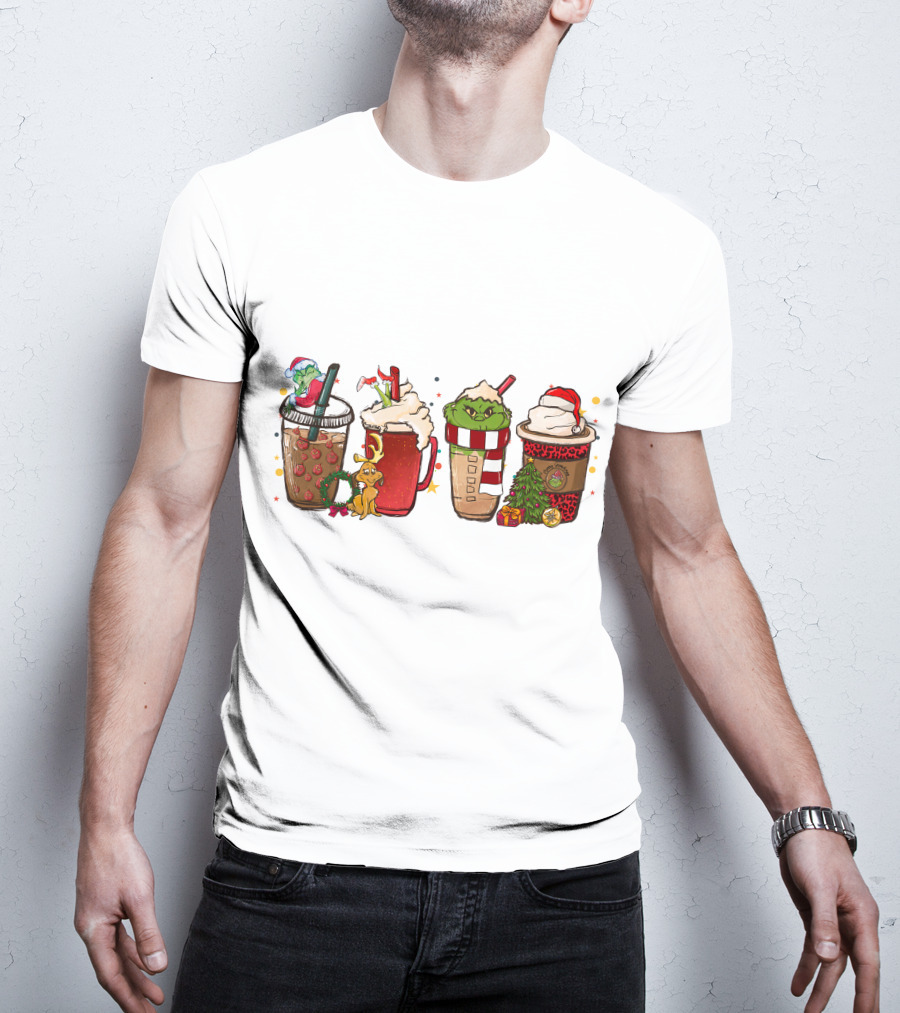 Grinch Christmas Coffee Drinks With Santa Hats And Holiday Decorations T-Shirt