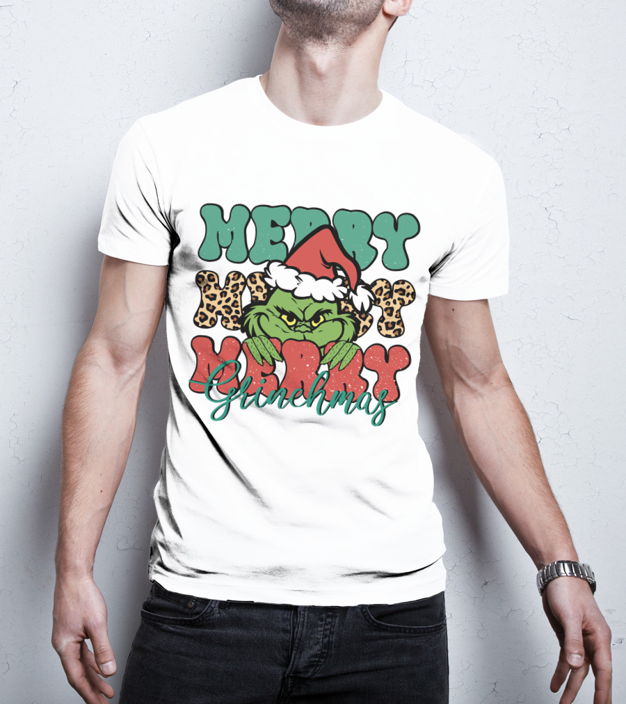 Merry Grinchmas Merry Merry Merry Grinch Christmas Santa Hat Green Face Leopard Print T-Shirt