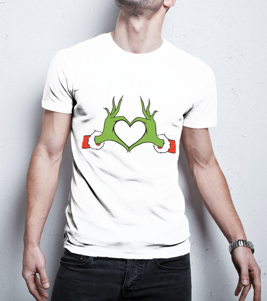 Grinch Hand Heart Christmas Santa Sleeve T-Shirt