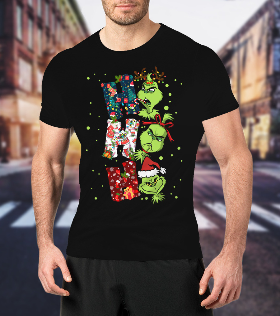 Grinch Ho Ho Ho Christmas Characters With Antlers And Santa Hat T-Shirt