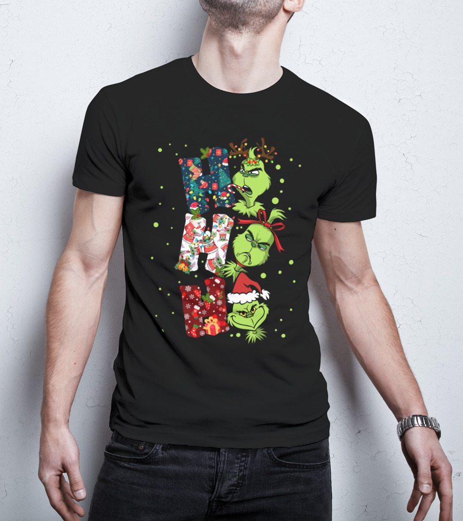 Grinch Ho Ho Ho Christmas Characters With Antlers And Santa Hat T-Shirt
