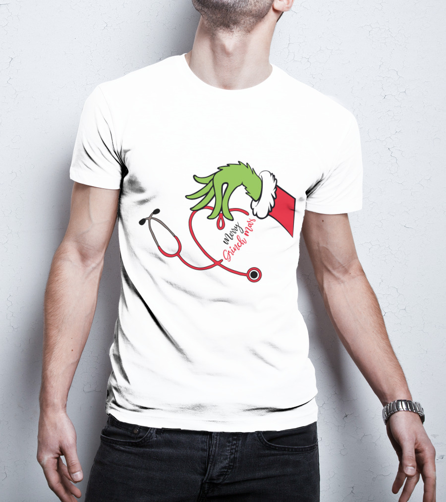 Merry Grinchmas Nurse Stethoscope Christmas Grinch Hand T-Shirt