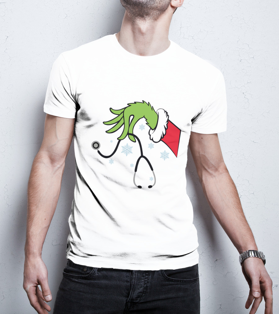 Grinch Nurse Christmas Doctor Stethoscope Hand Snowflakes T-Shirt