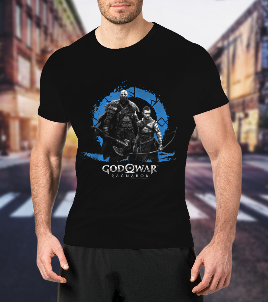 Kratos And Atreus In God Of War Ragnarok Symbolic Blue Circle T-Shirt