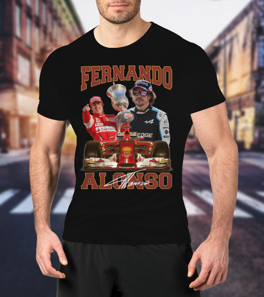 Fernando Alonso F1 Racing Legend With Trophy And Cars T-Shirt