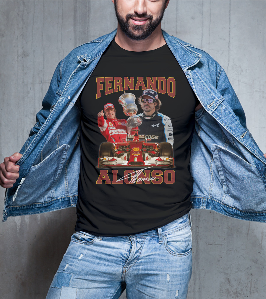 Fernando Alonso F1 Racing Legend With Trophy And Cars T-Shirt
