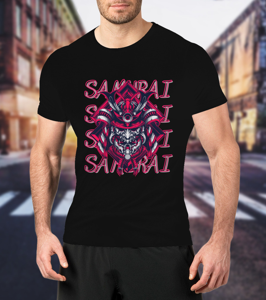 Samurai Warrior Mask With Repeated Samurai Text T-Shirt
