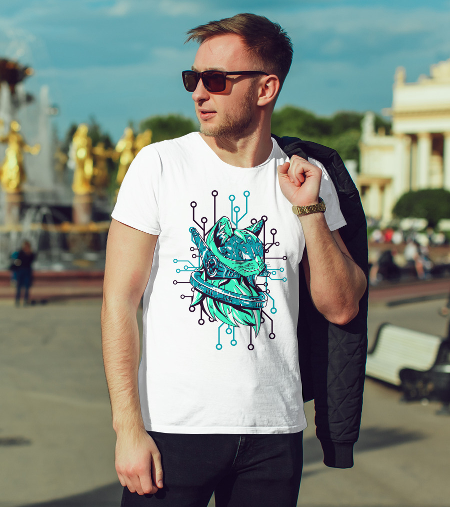 Futuristic Cybernetic Cat With Circuitry Elements T-Shirt
