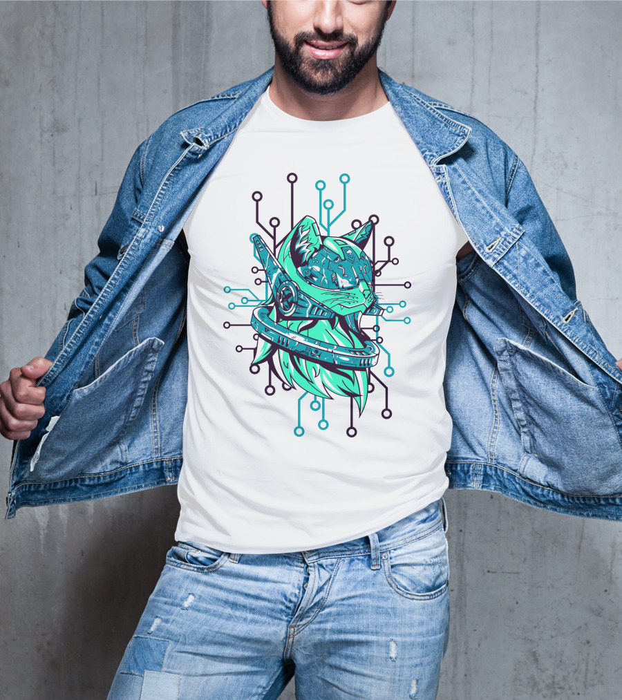 Futuristic Cybernetic Cat With Circuitry Elements T-Shirt