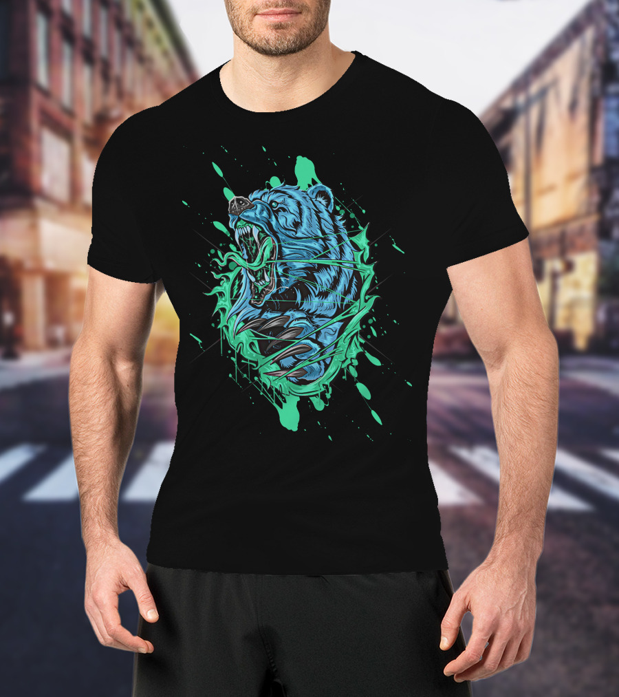 Angry Bear Roaring In Dynamic Teal And Black Paint Splash T-Shirt