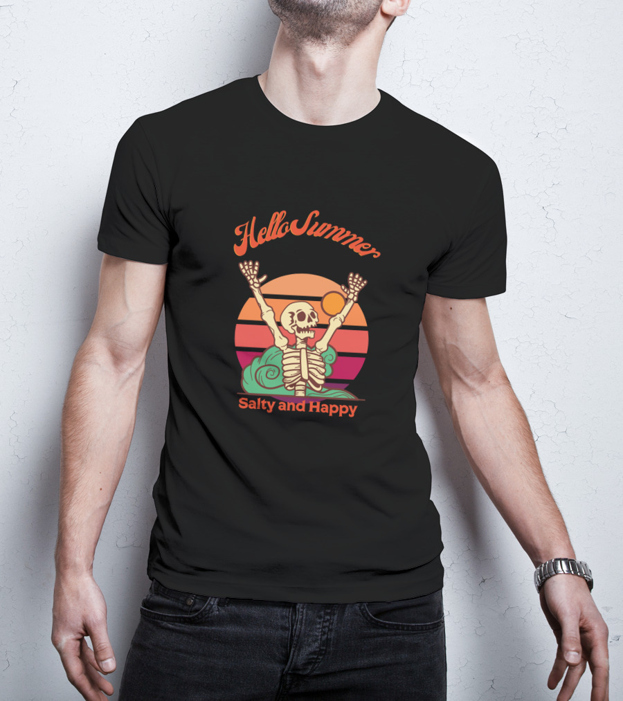 Hello Summer Salty And Happy Skeleton Sunset T-Shirt