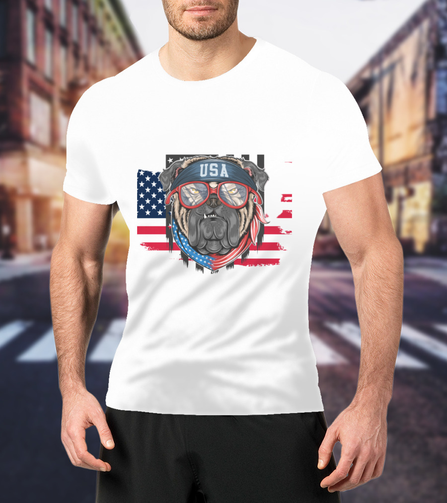USA Bandana Glasses American Bulldog With Flag Background T-Shirt