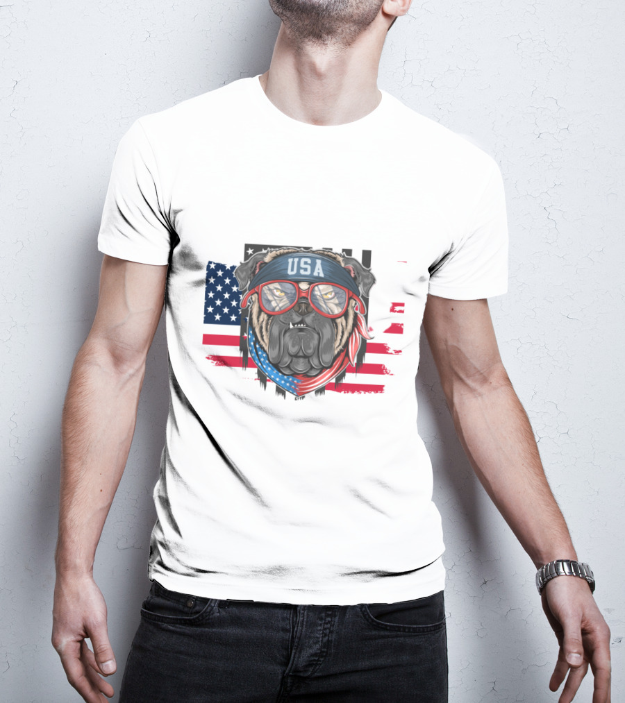USA Bandana Glasses American Bulldog With Flag Background T-Shirt