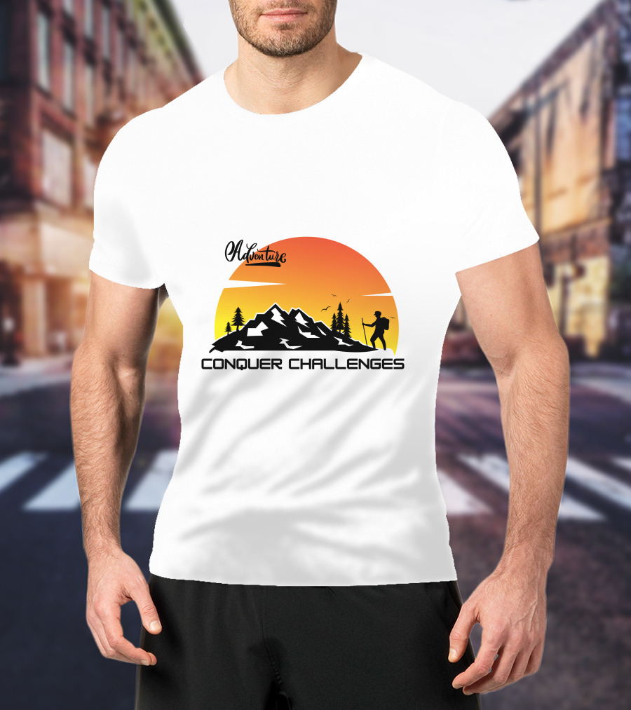 Adventure Conquer Challenges Mountain Hiking Silhouette Sunset Scene T-Shirt