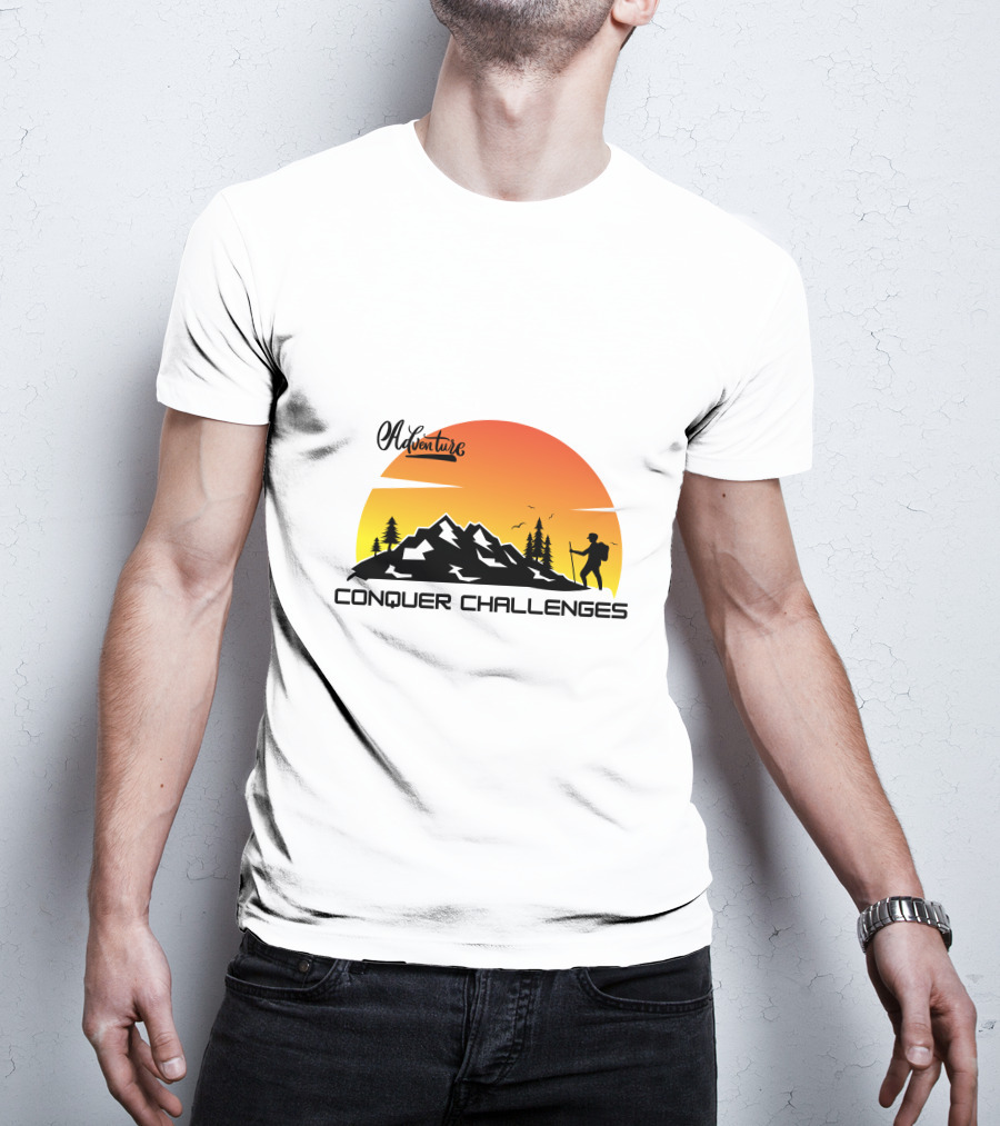 Adventure Conquer Challenges Mountain Hiking Silhouette Sunset Scene T-Shirt