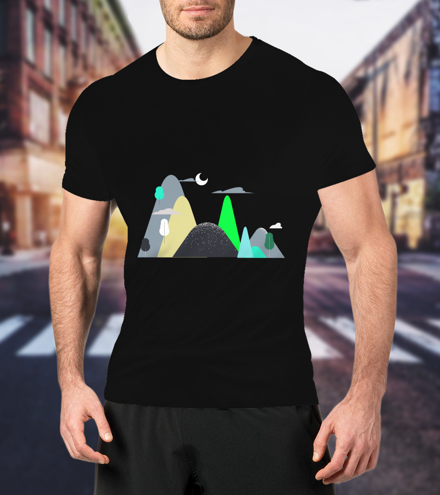 Mountains Moon Night Scene With Trees And Clouds T-Shirt