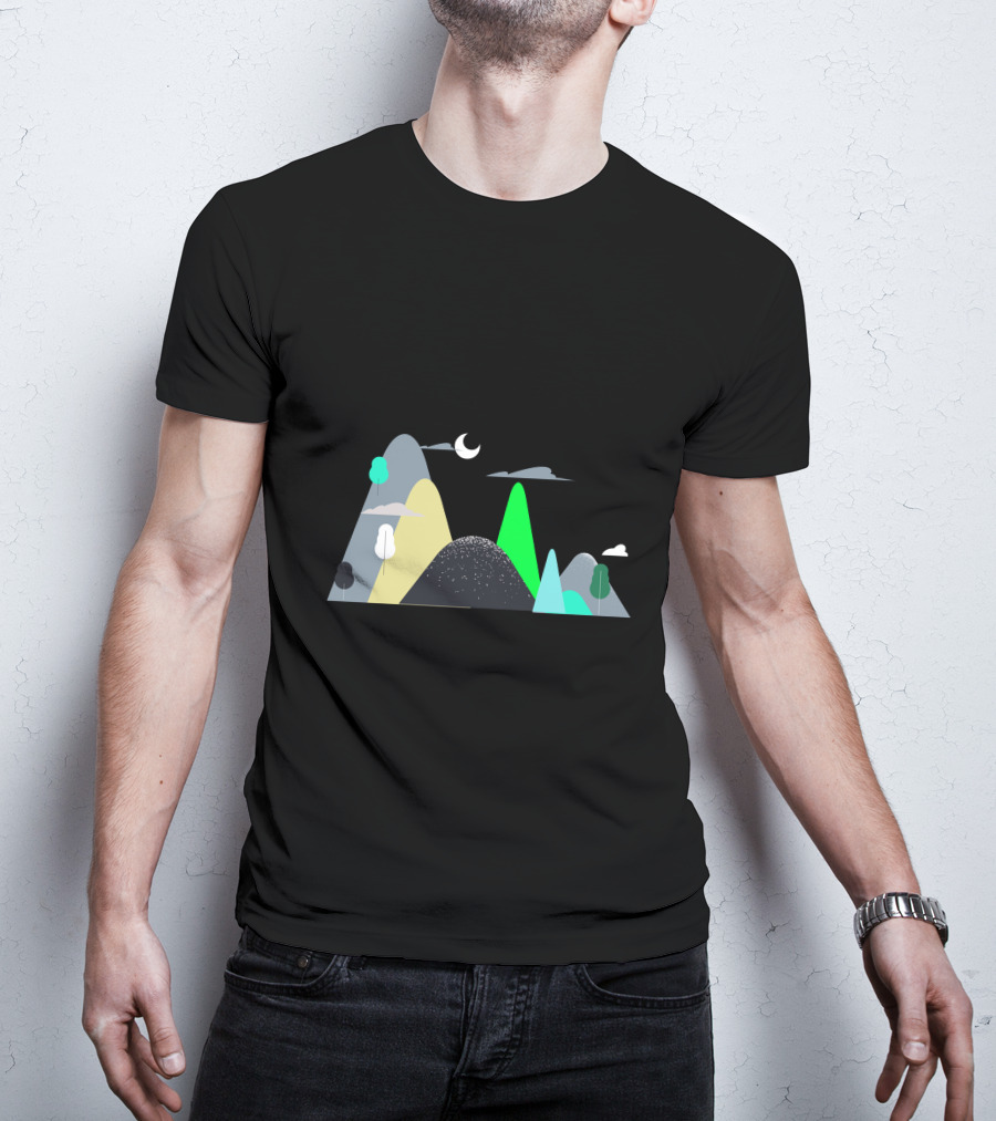 Mountains Moon Night Scene With Trees And Clouds T-Shirt
