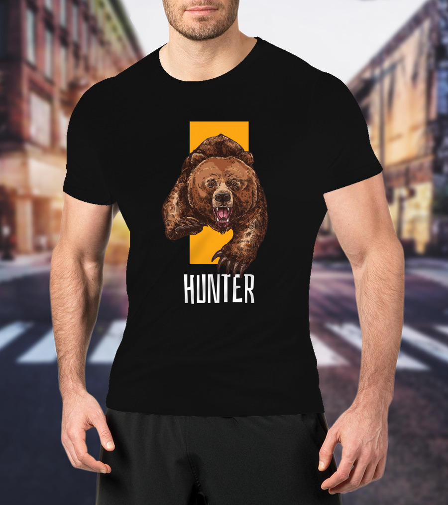 Hunter Bear With Aggressive Roar On Vertical Yellow Stripe T-Shirt