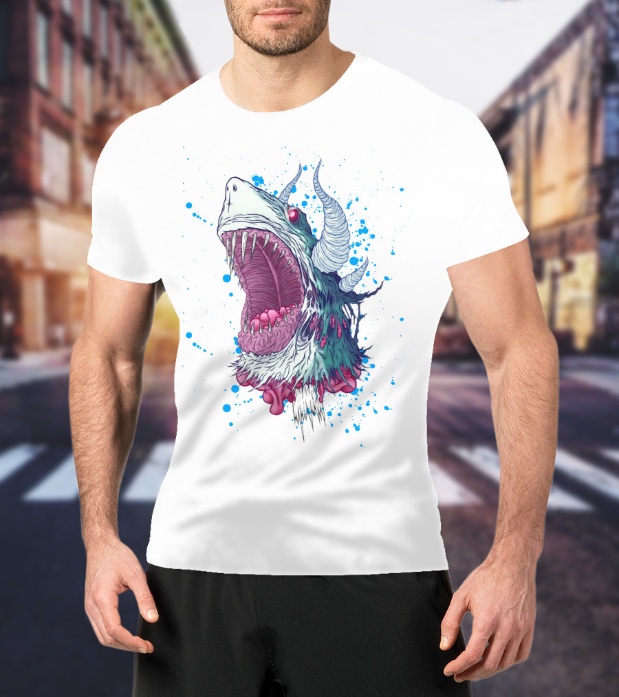 Monster Shark Scream With Horns And Splatter T-Shirt